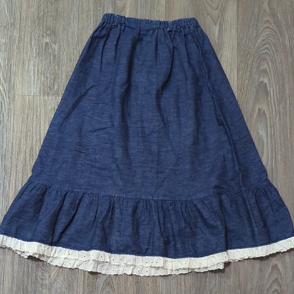 Women's Navy Midi Skirt with Cream Eyelet Trim